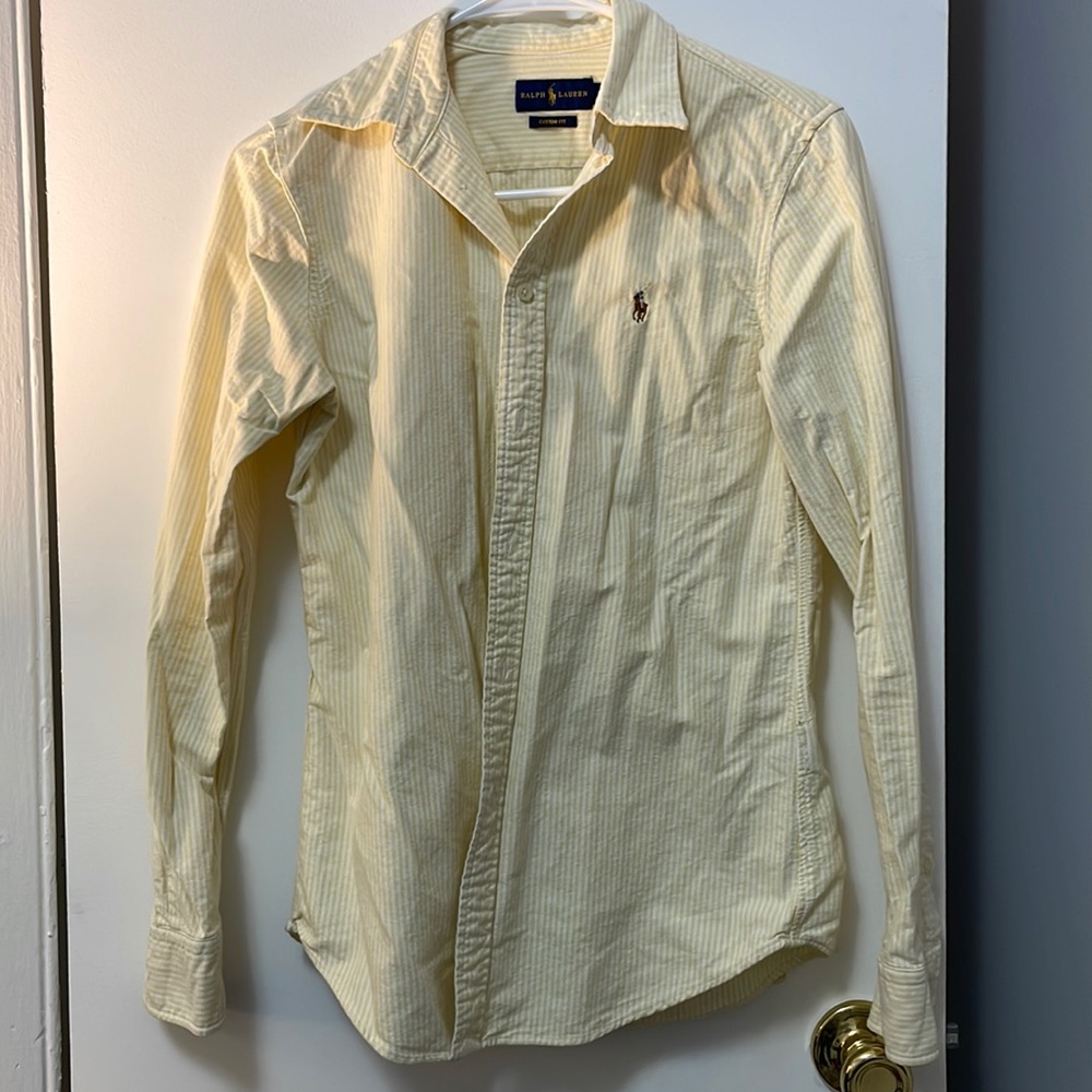 RALPH LAUREN Womens Canary Yellow/White Striped Button Down, Size S
